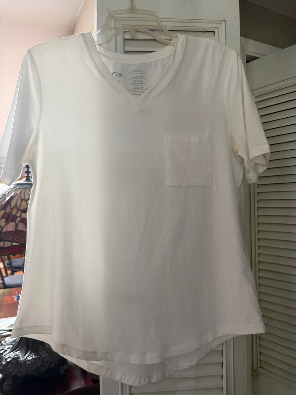 Zyia Women’s  White V-Neck Pocket T-Shirt by